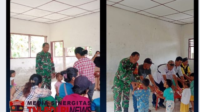 Peduli Gizi Balita, Babinsa Koramil Raya Bersama Kader Posyandu Bagikan Makanan Tambahan untuk Balita di Nagori Partuahan