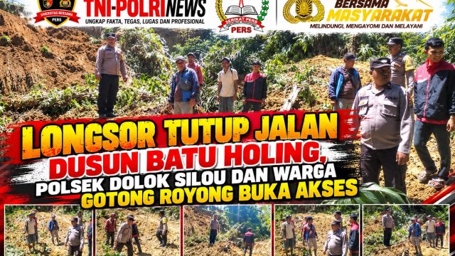 Polsek Dolok Silou Bersama Warga Gotong Royong Bersihkan Material Tanah Longsor di Dusun Batu Holing.